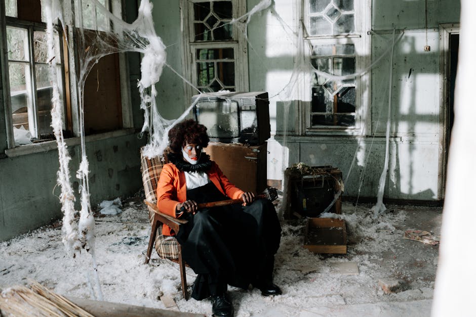 Scary clown in an abandoned, cobweb-filled room, perfect for Halloween scenes.