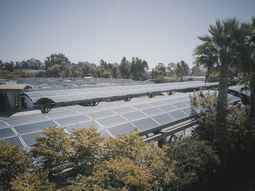 A modern solar panel farm surrounded by lush trees under a clear blue sky, promoting sustainable energy.