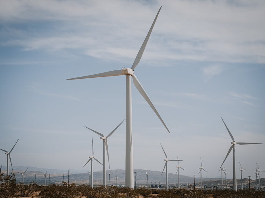 Wind turbines in a desert setting showcasing renewable energy and sustainability.